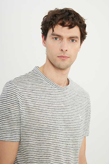 %100 Keten Slim Fit Dar Kesim Çizgili Bisiklet Yaka Gri-Ekru Tişört resmi