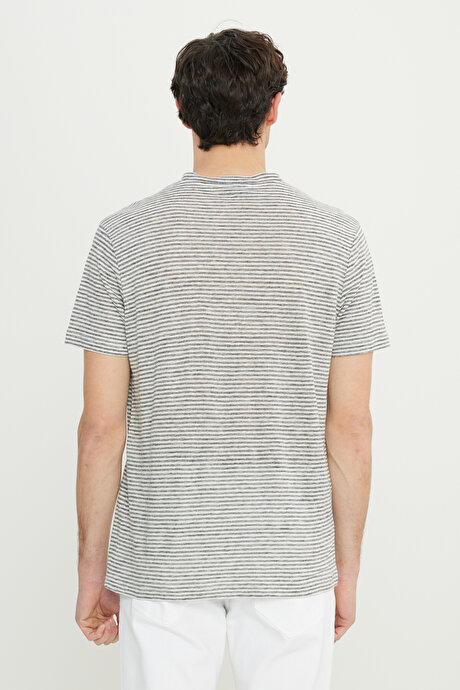 %100 Keten Slim Fit Dar Kesim Çizgili Bisiklet Yaka Gri-Ekru Tişört resmi