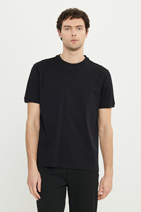 %100 Pamuk Slim Fit Dar Kesim Bisiklet Yaka Jakarlı Siyah Tişört resmi