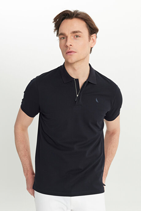 Pamuklu Slim Fit Dar Kesim Polo Yaka Esnek Lacivert Tişört resmi