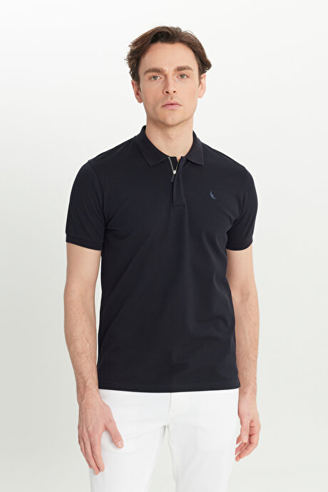 Pamuklu Slim Fit Dar Kesim Polo Yaka Esnek Lacivert Tişört resmi