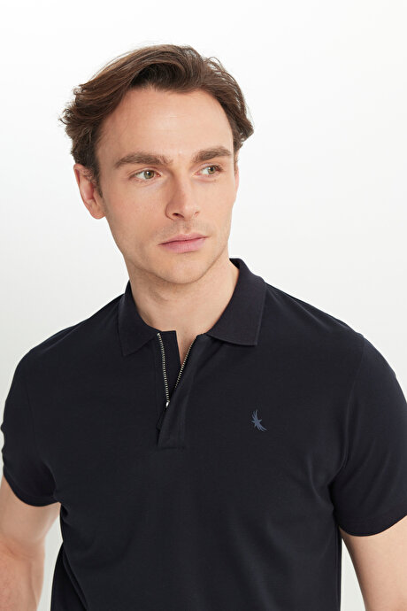 Pamuklu Slim Fit Dar Kesim Polo Yaka Esnek Lacivert Tişört resmi