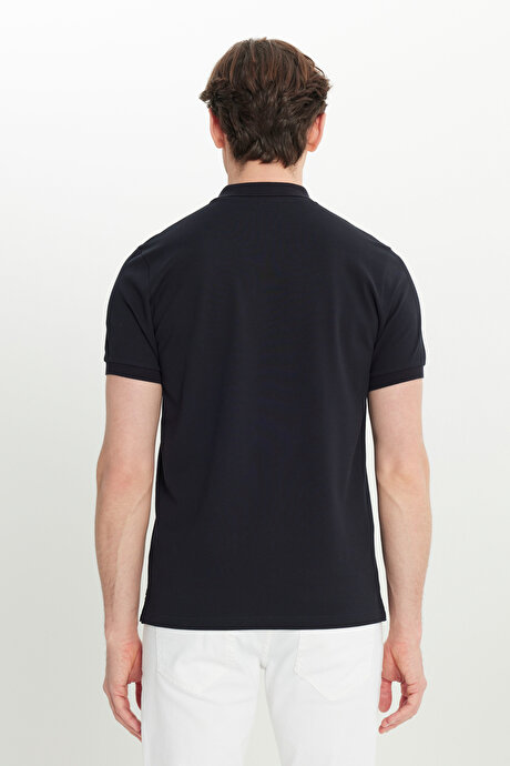Pamuklu Slim Fit Dar Kesim Polo Yaka Esnek Lacivert Tişört resmi