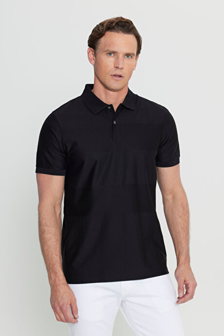 %100 Pamuk Slim Fit Dar Kesim Polo Yaka Jakarlı Triko Siyah Tişört resmi