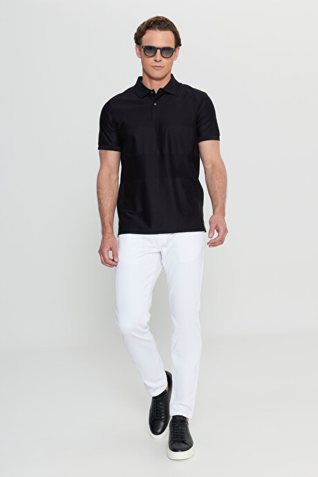 %100 Pamuk Slim Fit Dar Kesim Polo Yaka Jakarlı Triko Siyah Tişört resmi