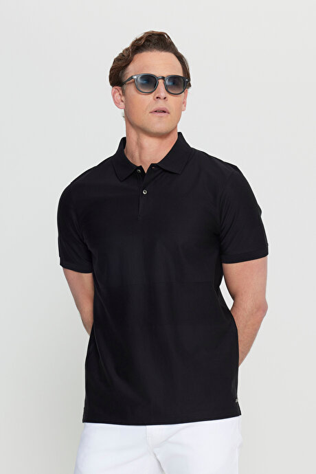 %100 Pamuk Slim Fit Dar Kesim Polo Yaka Jakarlı Triko Siyah Tişört resmi