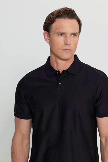 %100 Pamuk Slim Fit Dar Kesim Polo Yaka Jakarlı Triko Siyah Tişört resmi