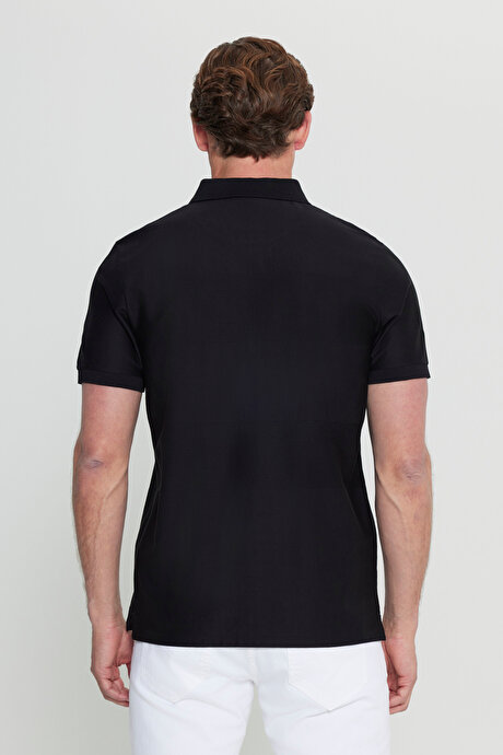 %100 Pamuk Slim Fit Dar Kesim Polo Yaka Jakarlı Triko Siyah Tişört resmi