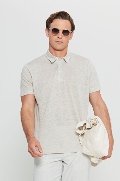 %100 Keten Slim Fit Dar Kesim Polo Yaka Bej Tişört resmi