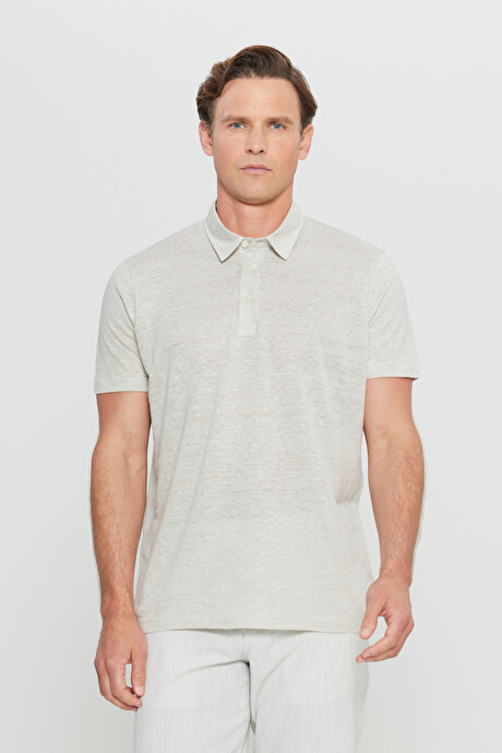 %100 Keten Slim Fit Dar Kesim Polo Yaka Bej Tişört resmi