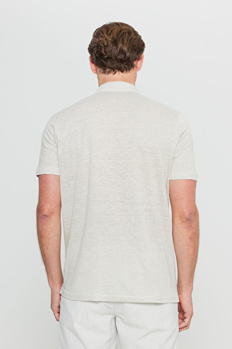 %100 Keten Slim Fit Dar Kesim Polo Yaka Bej Tişört resmi