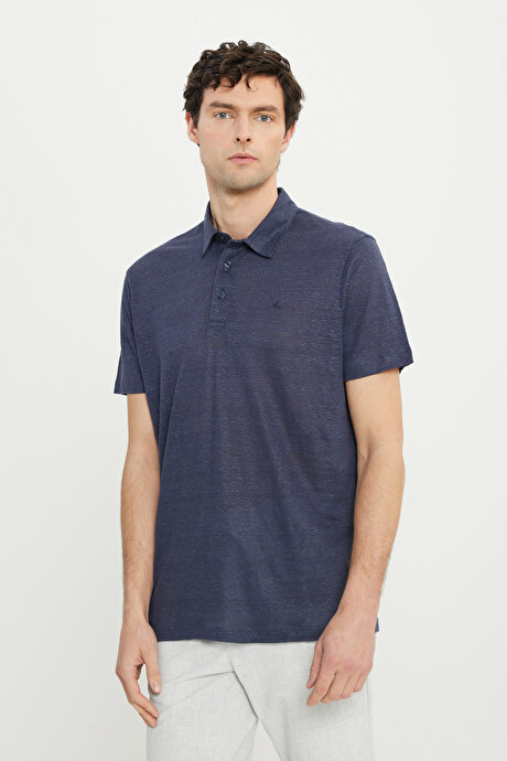 %100 Keten Slim Fit Dar Kesim Polo Yaka Lacivert Tişört resmi