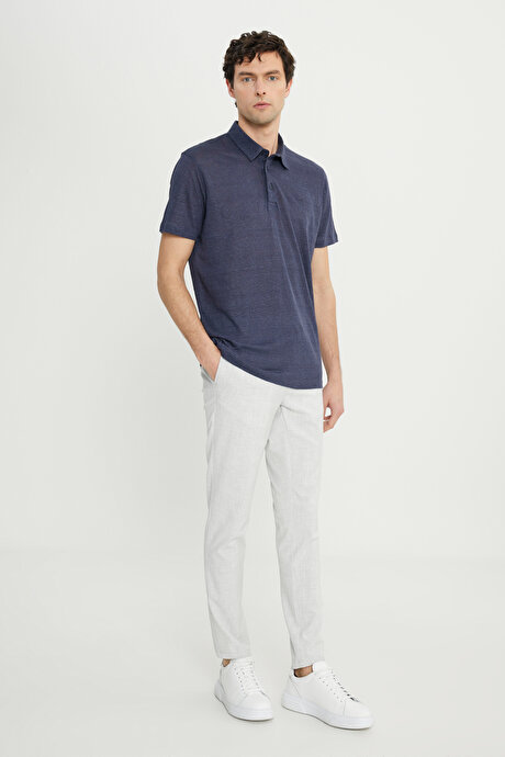 %100 Keten Slim Fit Dar Kesim Polo Yaka Lacivert Tişört resmi