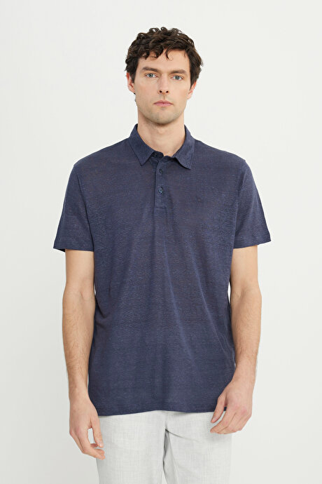 %100 Keten Slim Fit Dar Kesim Polo Yaka Lacivert Tişört resmi