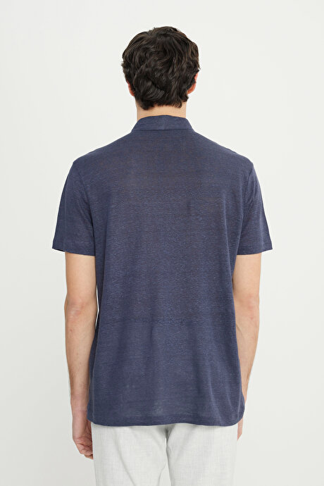 %100 Keten Slim Fit Dar Kesim Polo Yaka Lacivert Tişört resmi