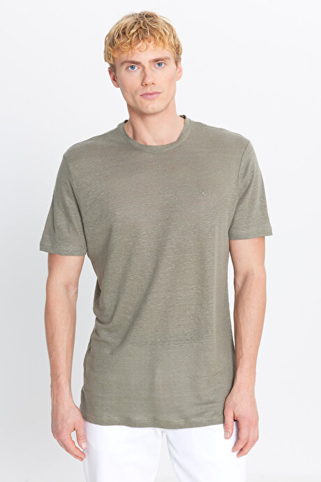 %100 Keten Slim Fit Dar Kesim Bisiklet Yaka Haki Tişört resmi