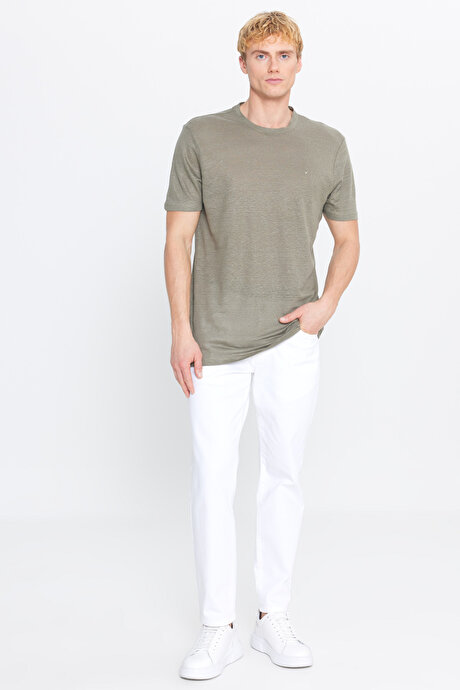 %100 Keten Slim Fit Dar Kesim Bisiklet Yaka Haki Tişört resmi