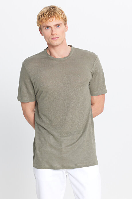 %100 Keten Slim Fit Dar Kesim Bisiklet Yaka Haki Tişört resmi