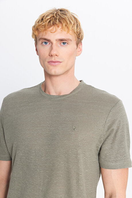 %100 Keten Slim Fit Dar Kesim Bisiklet Yaka Haki Tişört resmi