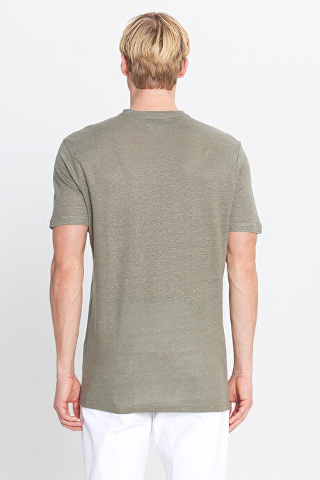 %100 Keten Slim Fit Dar Kesim Bisiklet Yaka Haki Tişört resmi