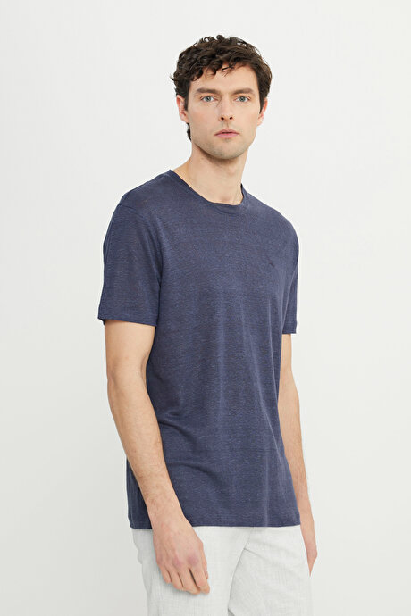 %100 Keten Slim Fit Dar Kesim Bisiklet Yaka Lacivert Tişört resmi