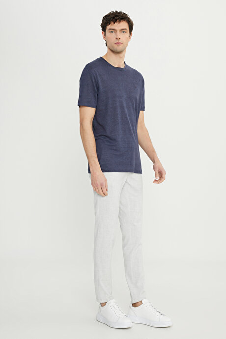 %100 Keten Slim Fit Dar Kesim Bisiklet Yaka Lacivert Tişört resmi