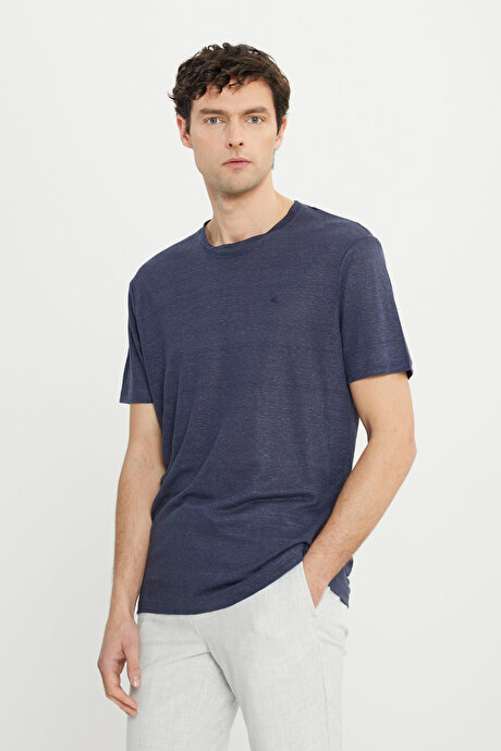 %100 Keten Slim Fit Dar Kesim Bisiklet Yaka Lacivert Tişört resmi