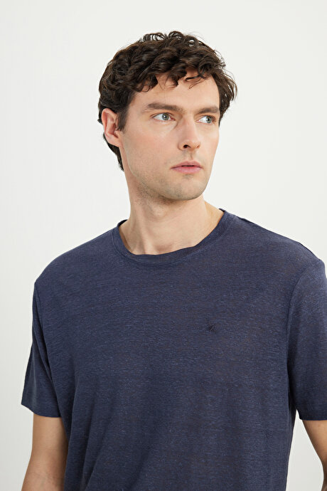 %100 Keten Slim Fit Dar Kesim Bisiklet Yaka Lacivert Tişört resmi