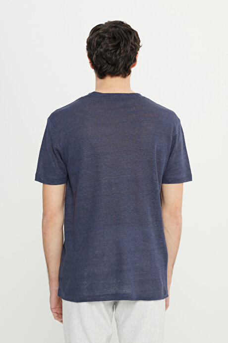 %100 Keten Slim Fit Dar Kesim Bisiklet Yaka Lacivert Tişört resmi