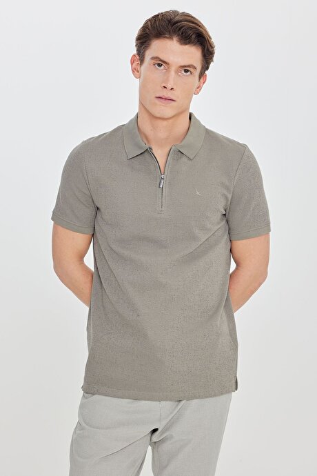 Pamuklu Slim Fit Dar Kesim Jakarlı Polo Yaka Haki Tişört resmi