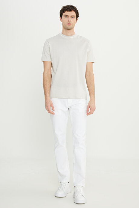 %100 Pamuk Slim Fit Dar Kesim Bisiklet Yaka Jakarlı Bej Tişört resmi