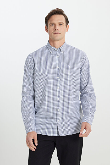 %100 Pamuk Oxford Regular Fit Geniş Kesim Düğmeli Yaka Kareli Siyah-Beyaz Gömlek resmi