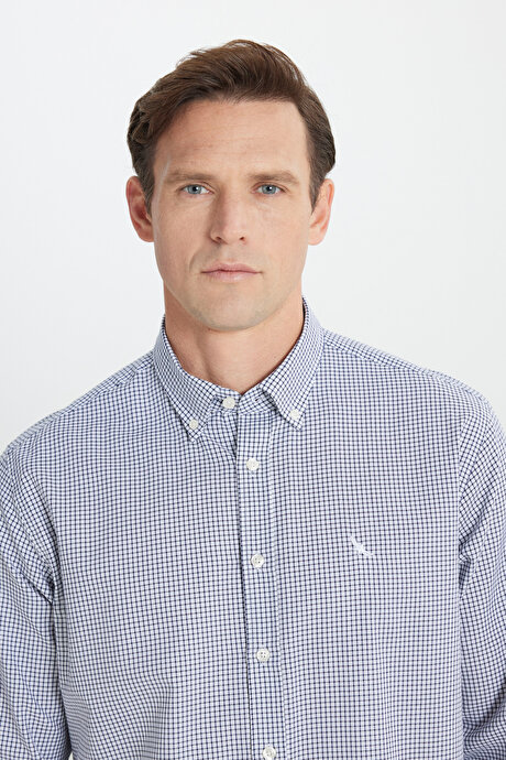 %100 Pamuk Oxford Regular Fit Geniş Kesim Düğmeli Yaka Kareli Siyah-Beyaz Gömlek resmi