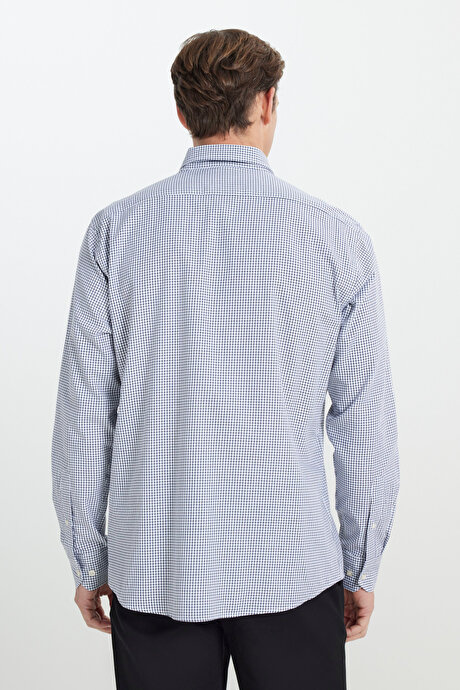 %100 Pamuk Oxford Regular Fit Geniş Kesim Düğmeli Yaka Kareli Siyah-Beyaz Gömlek resmi