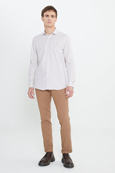 %100 Pamuk Oxford Slim Fit Dar Kesim Klasik Yaka Balıksırtı Desenli Bej Gömlek resmi