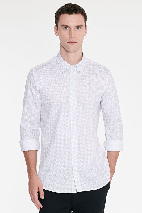 %100 Pamuk Slim Fit Dar Kesim Klasik Yaka Baskılı Beyaz-Gri Gömlek resmi