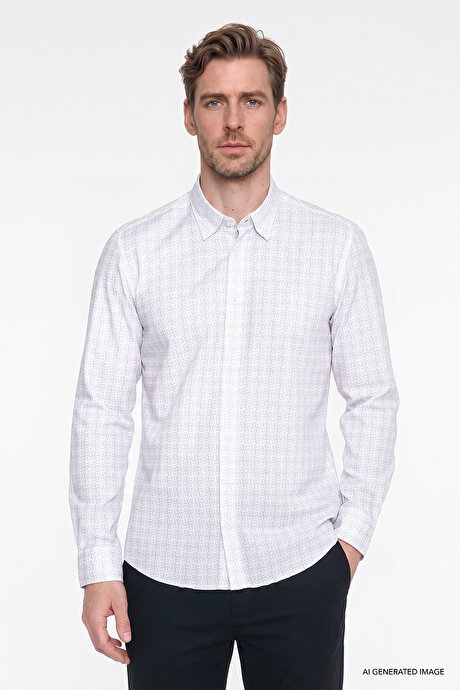 %100 Pamuk Slim Fit Dar Kesim Klasik Yaka Baskılı Beyaz-Gri Gömlek resmi