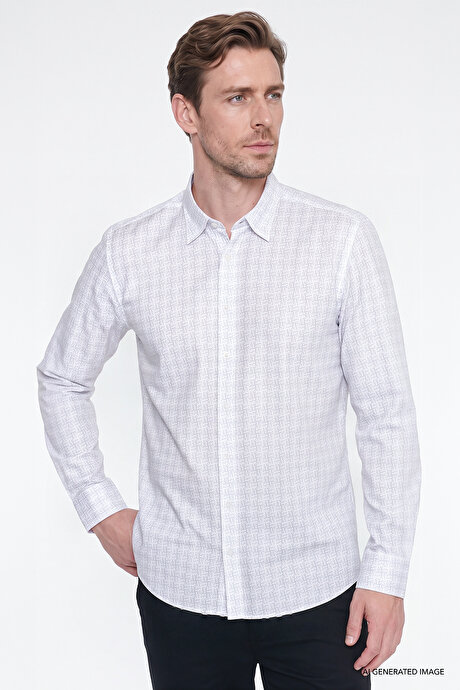 %100 Pamuk Slim Fit Dar Kesim Klasik Yaka Baskılı Beyaz-Gri Gömlek resmi
