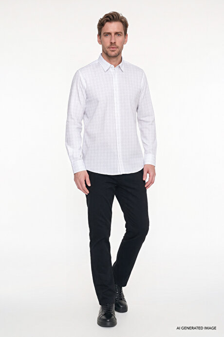 %100 Pamuk Slim Fit Dar Kesim Klasik Yaka Baskılı Beyaz-Gri Gömlek resmi