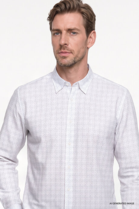 %100 Pamuk Slim Fit Dar Kesim Klasik Yaka Baskılı Beyaz-Gri Gömlek resmi
