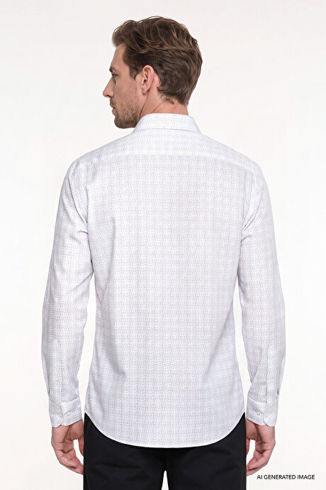 %100 Pamuk Slim Fit Dar Kesim Klasik Yaka Baskılı Beyaz-Gri Gömlek resmi
