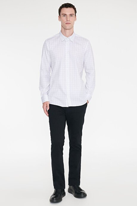 %100 Pamuk Slim Fit Dar Kesim Klasik Yaka Baskılı Beyaz-Gri Gömlek resmi