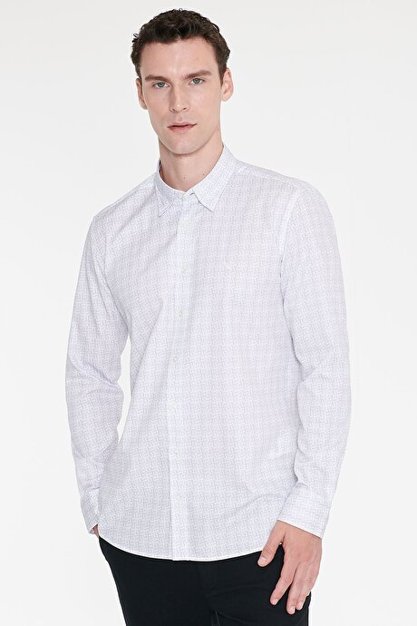 %100 Pamuk Slim Fit Dar Kesim Klasik Yaka Baskılı Beyaz-Gri Gömlek resmi