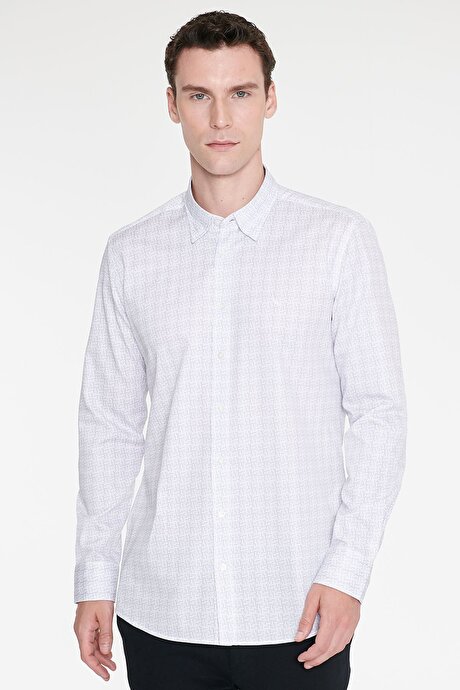%100 Pamuk Slim Fit Dar Kesim Klasik Yaka Baskılı Beyaz-Gri Gömlek resmi