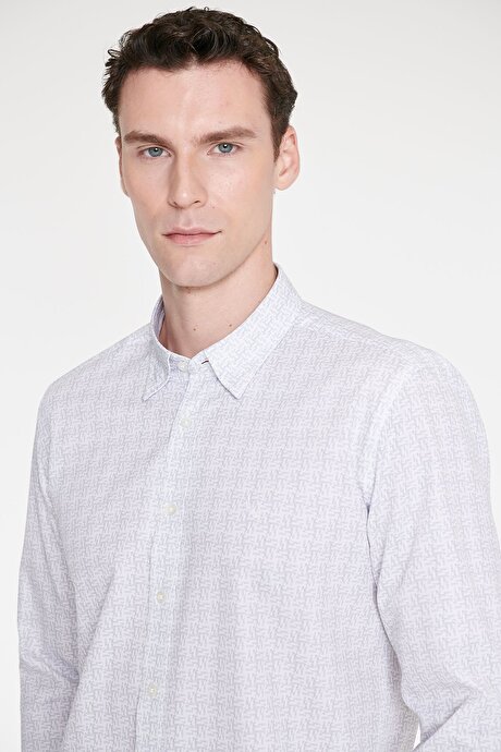 %100 Pamuk Slim Fit Dar Kesim Klasik Yaka Baskılı Beyaz-Gri Gömlek resmi