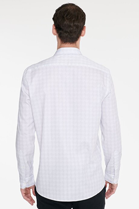 %100 Pamuk Slim Fit Dar Kesim Klasik Yaka Baskılı Beyaz-Gri Gömlek resmi