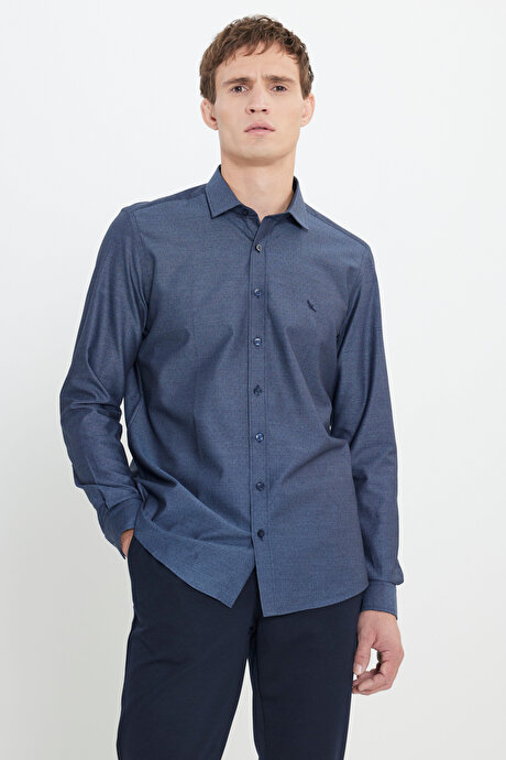 %100 Pamuk Slim Fit Dar Kesim Klasik Yaka Armürlü Lacivert Gömlek resmi