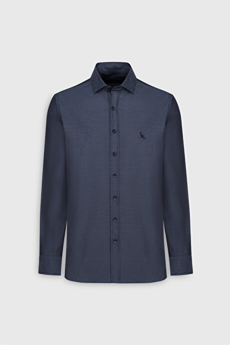 %100 Pamuk Slim Fit Dar Kesim Klasik Yaka Armürlü Lacivert Gömlek resmi