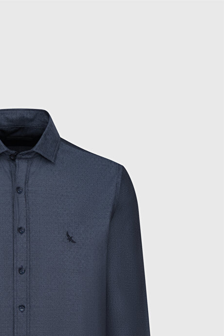 %100 Pamuk Slim Fit Dar Kesim Klasik Yaka Armürlü Lacivert Gömlek resmi