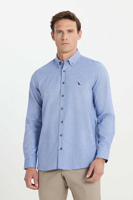 %100 Pamuk Slim Fit Dar Kesim Balıksırtı Desenli Flanel Mavi Gömlek resmi